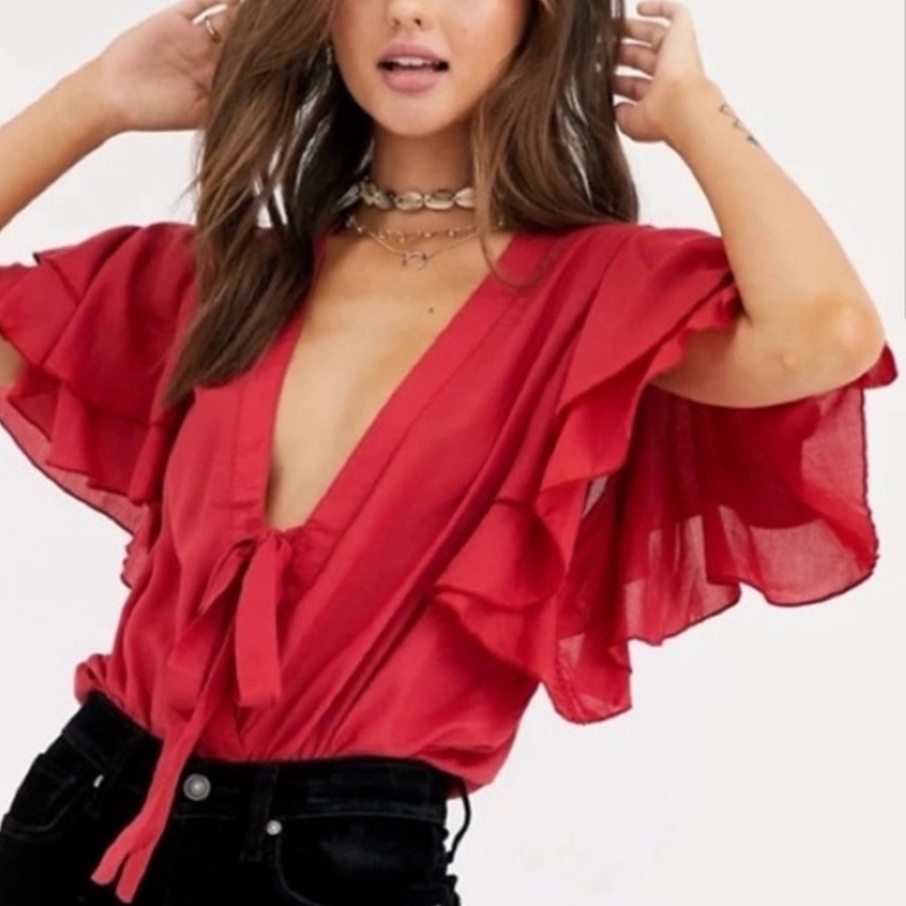 Free People Intimately Call Me Later Ruffle Sleeves Bodysuit Size Medium - Picture 2 of 13